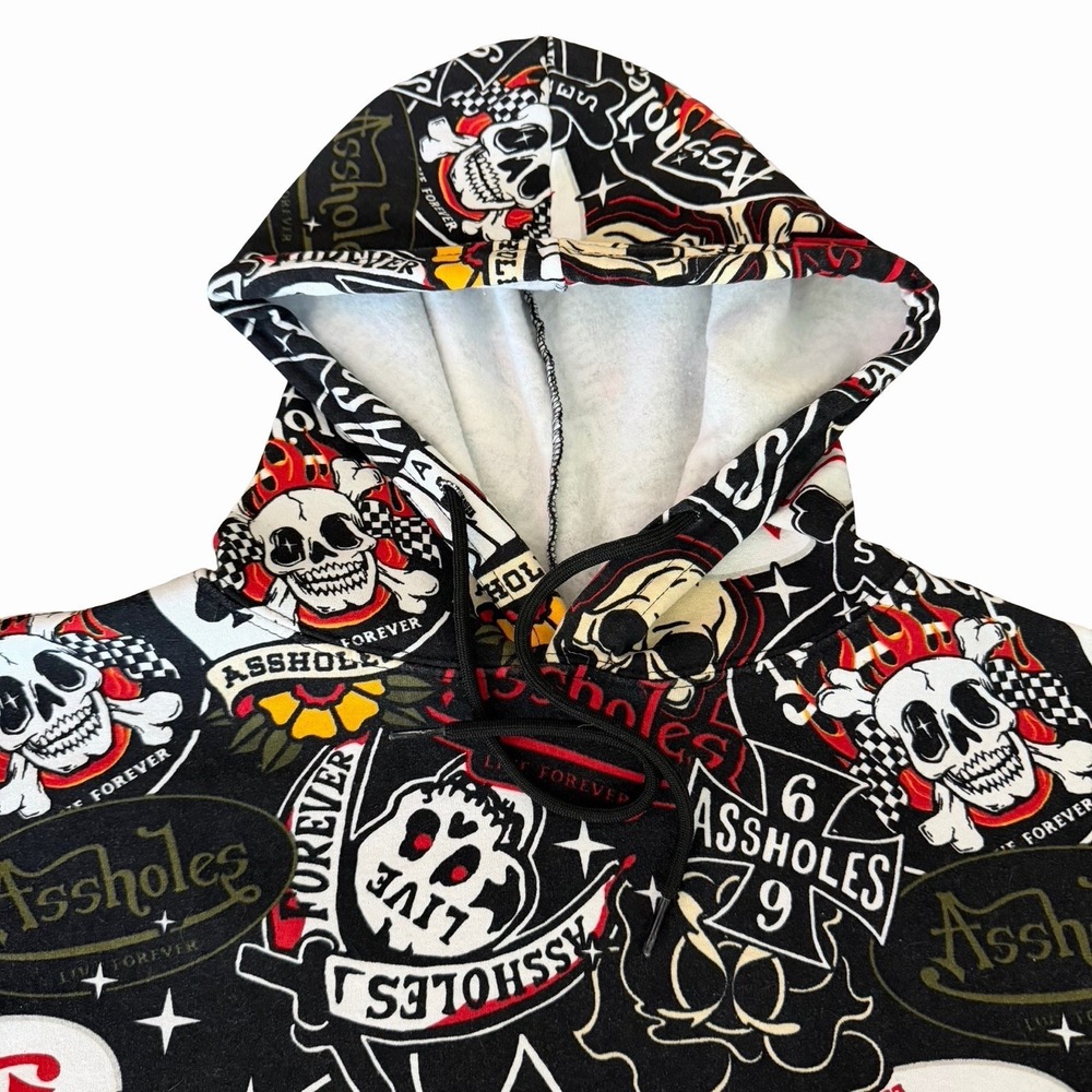 Assholes*s Live Forever AOP Skull Tattoo Hoodie‎ SMALL Rocker Punk Biker Grunge - Picture 2 of 10
